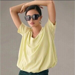Maeve by Anthropologie Lime Green V-Neck Bubble Hem Cotton Tee Women M OB1670891
